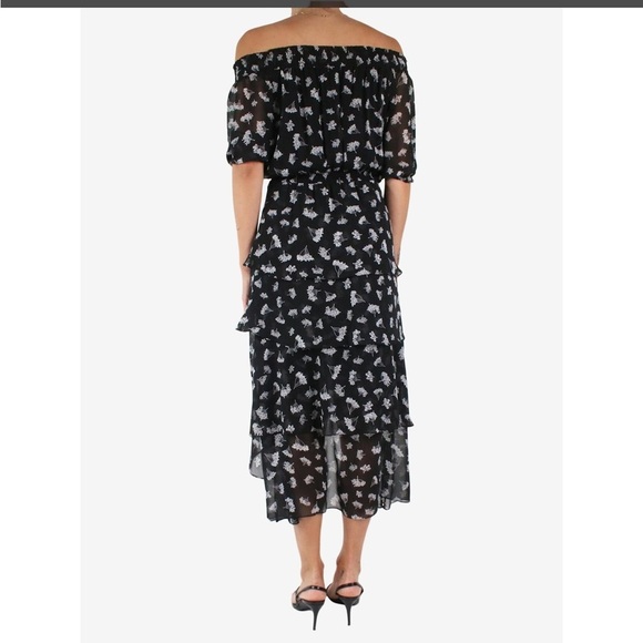 Maje Floral Off Shoulder Hi Low Black White Asymmetrical Midi Dress US M l FR 38 - Picture 2 of 14